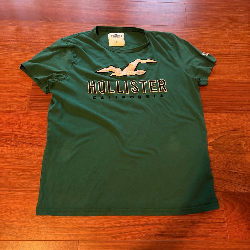 Hollister California Graphic T-Shirt Green Applique Logo Mens Large Y2K Surf